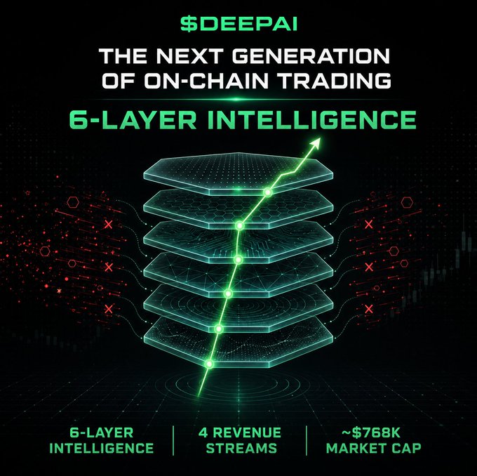 A promotional graphic for $DEEPAI titled "THE NEXT GENERATION OF ON-CHAIN TRADING" with "6-LAYER INTELLIGENCE," displaying a layered hexagonal graphic with an upward green arrow, and bottom text reading "6-LAYER INTELLIGENCE," "4 REVENUE STREAMS," and "~$768K MARKET CAP."
