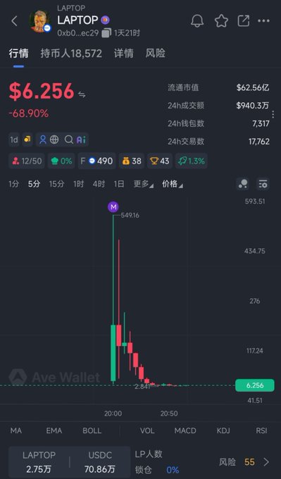A crypto trading chart shows the token "LAPTOP" (ticker 0xb0...ec29) launched just 1 day, 21 hours ago, with a current price of $6.256 — down 68.90% from its peak of $54.916, illustrating the post's point about the Biden son-linked meme coin that briefly surged then crashed, leaving late buyers holding massive losses.