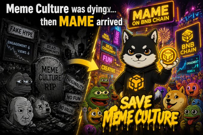 A promotional graphic reads 'Meme Culture was dying... then MAME arrived' and 'SAVE MEME CULTURE', featuring a dog mascot holding a coin, with logos for MAME on BNB CHAIN, and tombstones labeled 'FAKE HYPE', 'DEAD COMMUNITY', 'MEME CULTURE RIP', 'ORIGINALITY', 'NO FUN', and 'NO VALUE'.