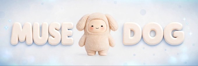A cute, fluffy mascot character with floppy ears stands between the words 'MUSE' and 'DOG' rendered in a soft, bubbly 3D font against a sparkly light background.