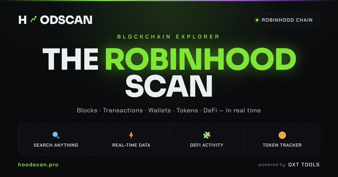The image is a promotional banner for **Hoodscan** (hoodscan.pro), a blockchain explorer for the **Robinhood Chain**, styled like Solscan with a sleek dark theme and green accents. It highlights features like "Search Anything," "Real-Time Data," "DeFi Activity," and "Token Tracker," along with the tagline "Blocks · Transactions · Wallets · Tokens · DeFi — in real time" and a "Powered by DXT Tools" credit—visually reinforcing the post's message of a familiar, Solscan-like explorer built for the Robinhood Chain community.