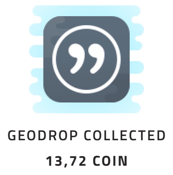 An icon of a chip featuring a quotation mark accompanies text reading "GEODROP COLLECTED 13,72 COIN," illustrating the user's announcement of finding a Geodrop and collecting 13.72 COIN via the coin.onelink.me/ePJg/01i9ctu2 link.