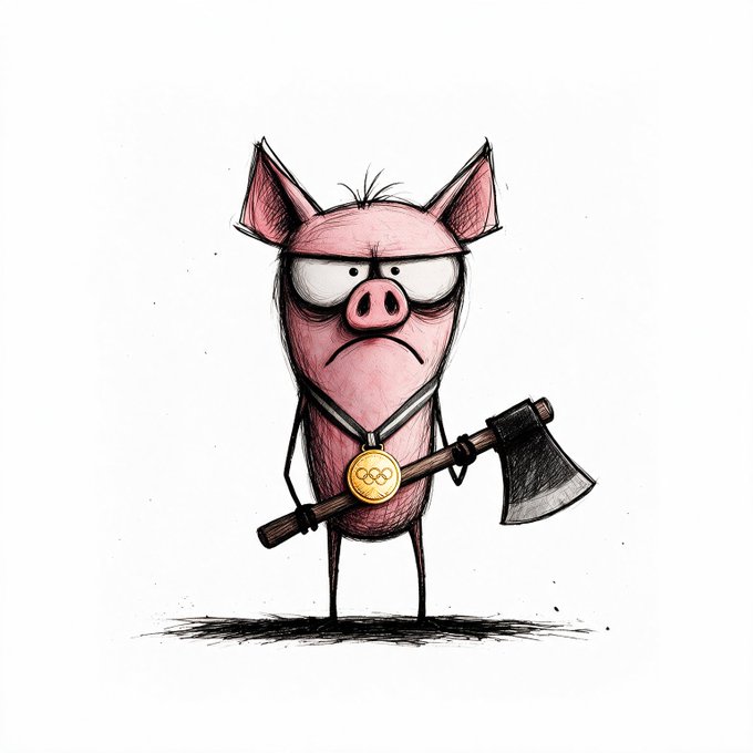 A hand-drawn illustration of an angry, pink pig-like character standing on two legs, holding an axe and wearing a gold Olympic-style medal.