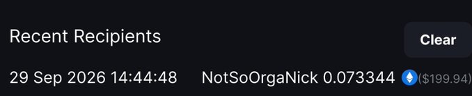 A "Recent Recipients" notification dated 29 Sep 2026 shows NotSoOrgaNick receiving 0.073344 ETH ($199.94), corresponding to the post celebrating OrgaNickGrowth's ~$200 win from MetaWin.