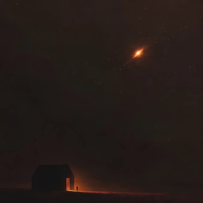 A minimalist dark illustration showing a small illuminated cabin with a solitary figure standing outside, while a glowing orange meteor or celestial object falls through a starry night sky above.