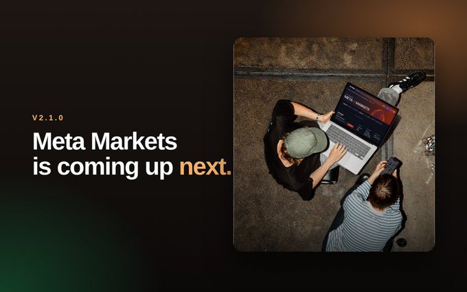 A presentation slide features the text 'V2.1.0 Meta Markets is coming up next.' alongside a square image showing two people working on a laptop outdoors.