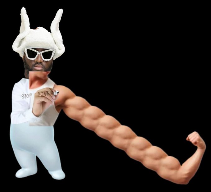 A humorous edited image of a muscular figure in a white outfit and fluffy horned hat wearing sunglasses, with an oversized muscular arm pointing forward, featuring text 'STOP LOVE' on the chest.