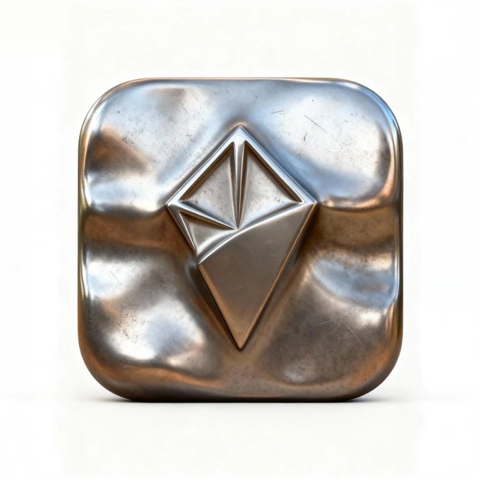 A metallic silver/steel icon depicting the Ethereum logo (a diamond-shaped geometric figure) on a rounded square background with a brushed, slightly weathered texture.