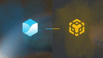 Two crypto/tech logos displayed side by side on colored backgrounds: a blue cube on the left and a yellow cube on the right.