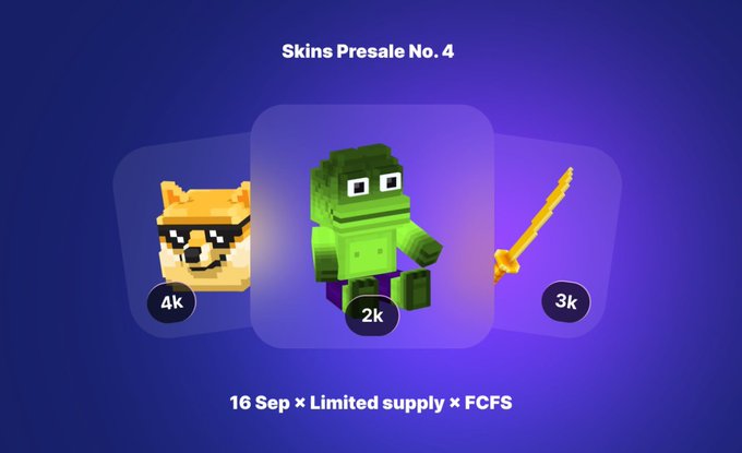 The image promotes "Skins Presale No. 4" featuring three pixel-style items—a Doge mask (4k supply), Pepe character skin (2k supply), and Katana weapon (3k supply)—on a blue background, matching the post's details about the limited FCFS presale starting September 16.