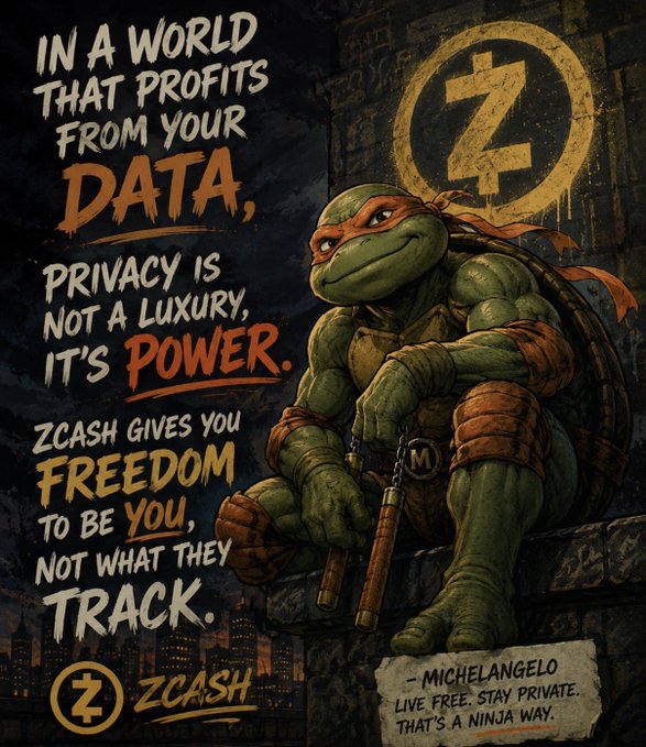 A Zcash advertisement featuring Michelangelo from Teenage Mutant Ninja Turtles with the message 'IN A WORLD THAT PROFITS FROM YOUR DATA, PRIVACY IS NOT A LUXURY, IT'S POWER. ZCASH GIVES YOU FREEDOM TO BE YOU, NOT WHAT THEY TRACK.'