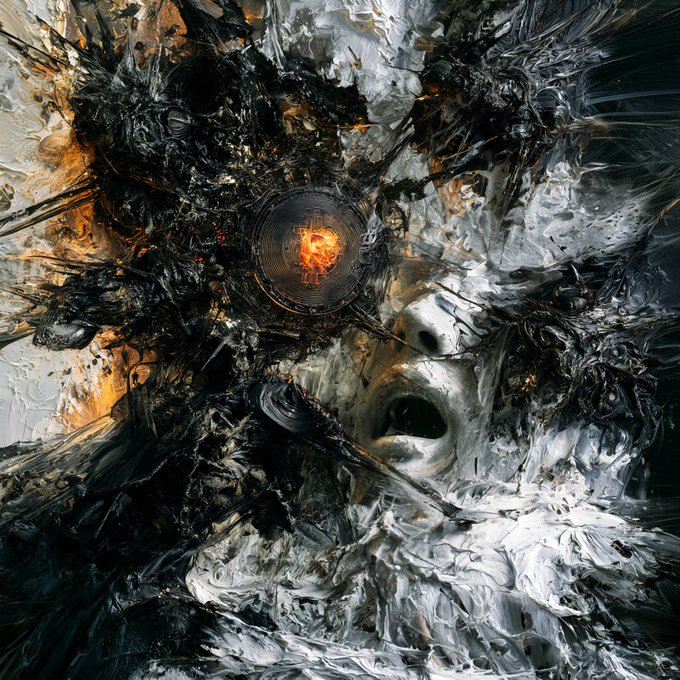 An abstract digital artwork featuring dark, chaotic textures with a glowing orange orb in the center, surrounded by swirling whites, blacks, and grays resembling a cosmic or explosive scene.