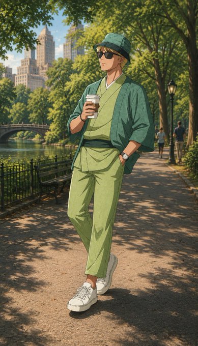 An anime-style illustration of a stylish young man wearing a green bucket hat, sunglasses, a green kimono-style jacket over a lime green shirt and pants, holding a coffee cup while walking along a tree-lined park path with a city skyline and bridge in the background.