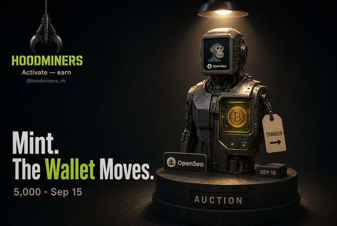 A promotional image for 'HOODMINERS' (@hoodminers_rh) featuring a robot with a Bitcoin display reading 'Mint. The Wallet Moves.' with auction details of 5,000 on Sep 15.