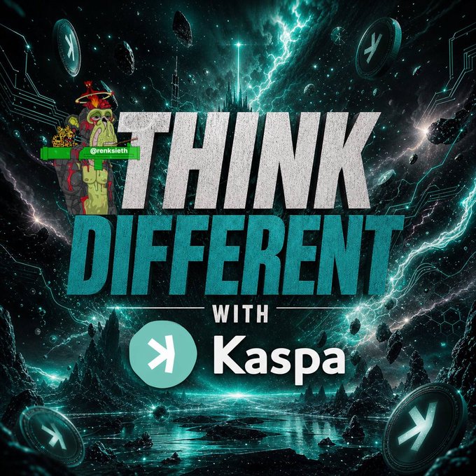 A promotional graphic for the cryptocurrency "Kaspa" with the text "THINK DIFFERENT WITH Kaspa" set against a cosmic background with floating Kaspa coins and a Pepe-style character.