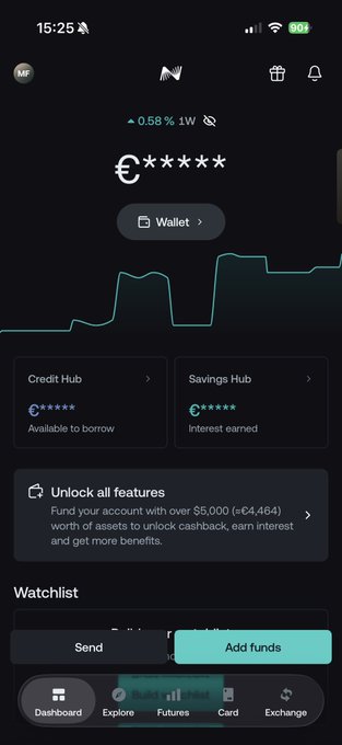 A mobile app screenshot showing a cryptocurrency dashboard with a partially obscured username, displaying wallet balance, Credit Hub, Savings Hub, and buttons for 'Send' and 'Add funds'.