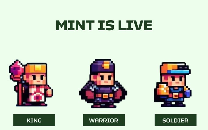 Pixel art characters of a King, Warrior, and Soldier are displayed with "MINT IS LIVE" text, promoting the Stonk Clans NFT collection mint available on OpenSea.