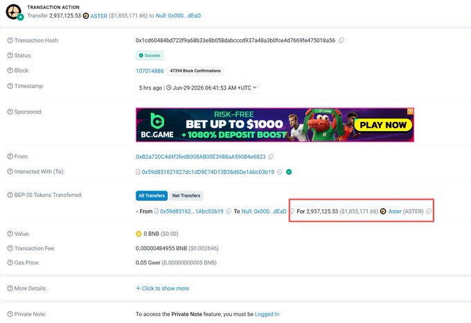 The image shows a BEP-20 transaction record on a blockchain explorer where 2,937,125.53 ASTER (worth $1,855,171.66) was transferred from address 0x9d8...1abc03b19 to a null/zero address, which relates to the post highlighting Aster's token buyback and burn of approximately 2.94 million ASTER since June 17th using 99% of transaction fees.