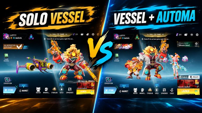 Gaming screenshot comparing 'Solo Vessel' versus 'Vessel + Automa' modes showing in-game characters and lobby interfaces.