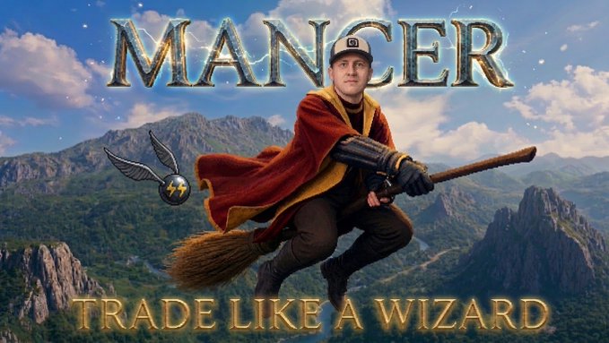 A photoshopped image styled like a movie poster reading 'MANCER - TRADE LIKE A WIZARD', showing a man in Quidditch robes riding a broomstick over mountains with a Golden Snitch.