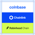 Three stacked rectangular banners display the logos for Coinbase (white background, blue text), Chainlink (blue background, white text and logo), and Robinhood Chain (green background, black text and logo).