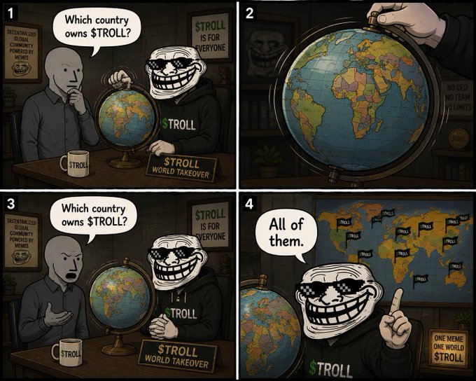 A four-panel comic featuring a trollface character answering 'Which country owns $TROLL?' with 'All of them.' while pointing at a world map covered in $TROLL flags.