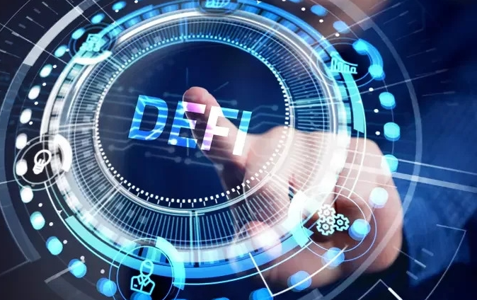 A hand reaches toward a futuristic holographic interface displaying "DEFI" in bold text, surrounded by interconnected digital icons representing decentralized finance concepts. The image visually reinforces the article's message about Bitwise CIO Matt Hougan's observation that decentralized finance's scale and power are being undervalued.