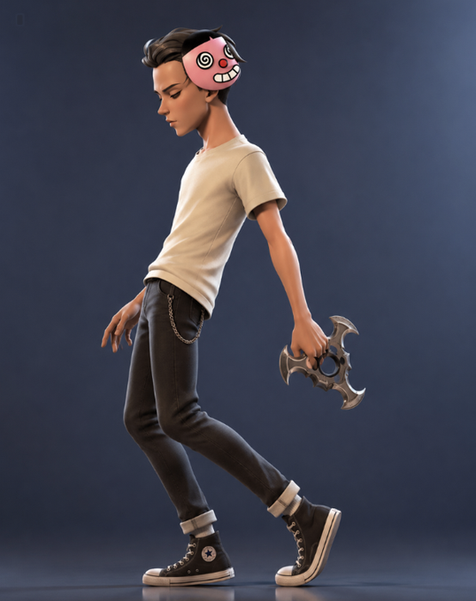 A 3D character render of a young man in profile wearing a pink cartoon mask, walking while holding a metallic shuriken weapon against a dark blue background.