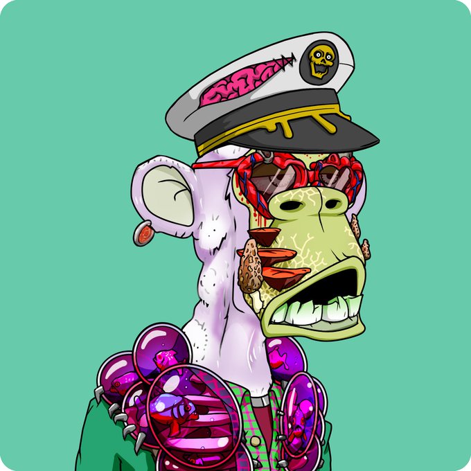 A grotesque, cartoon-style illustration of a monkey-like character wearing a white military cap, with an exposed brain and bloody features, set against a teal background.
