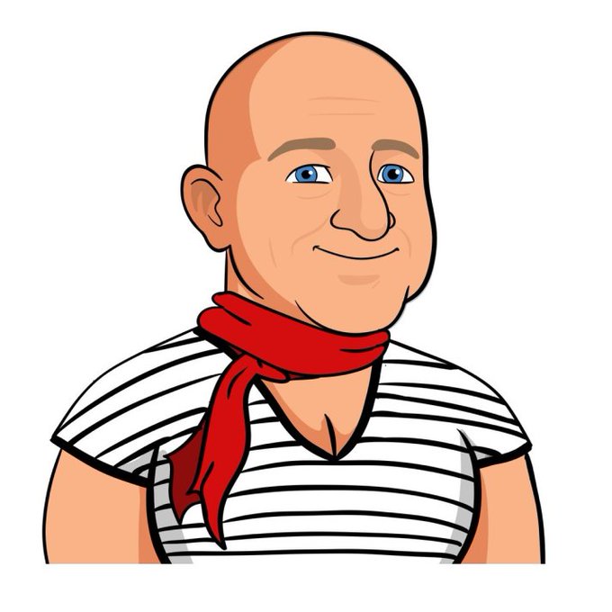 The image features a cartoon depiction of an older man wearing a striped shirt with a red scarf around his neck. The man has blue eyes and a big smile, giving off a friendly and approachable vibe. The caption below the image reads "One of my favorite Brother Eli traits is the French one", which highlights the unique aspect of the character's appearance related to the French influence in the post.