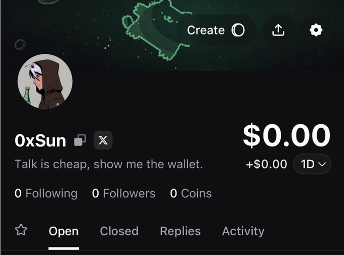 The image shows a profile page for "0xSun" on what appears to be the Pumpfun platform, featuring an anime-style avatar, a bio that reads "Talk is cheap, show me the wallet," and a wallet balance of $0.00 with 0 followers, 0 following, and 0 coins. This aligns with the post about partnering with the Pumpfun App to leverage its social and meme coin trading features, illustrating a freshly set up account ready to engage with the platform's zero-fee, cross-chain trading environment.