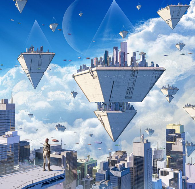 An anime-style sci-fi illustration of a futuristic city with floating pyramid-shaped islands, aerial vehicles, and a person standing on a rooftop looking up.