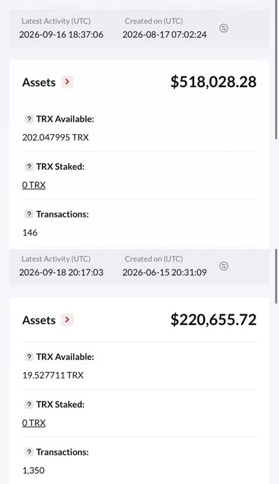 Screenshot of a crypto wallet interface showing two TRX accounts with assets totaling $518,028.28 and $220,655.72, listing TRX Available, Staked, and Transactions.