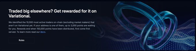 A Variational promotional banner reads 'Traded big elsewhere? Get rewarded for it on Variational,' describing a points program for top 10,000 most active traders.