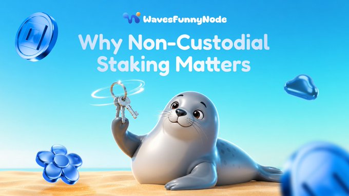 The image features a cute gray seal holding a key while sitting on a beach, with a blue background that complements its fur color. The caption below the seal reads "Why non-custodial staking matters", which seems to be related to the discussion about custodial services in the post.