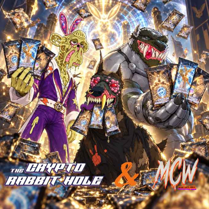 An illustrated graphic features a zombie-like rabbit and other monstrous figures holding crypto cards, with the text 'THE CRYPTO RABBIT HOLE & MCW' displayed at the bottom.