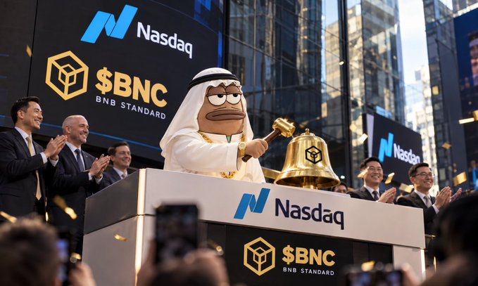 An AI-generated image depicting a cartoonish Middle Eastern character in traditional dress ringing the Nasdaq bell, with '$BNC BNB STANDARD' branding and businessmen clapping.