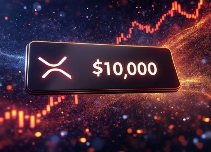 A glowing digital display prominently features the XRP logo and the price "$10,000" against a cosmic background with an ascending orange chart, visually reinforcing the claim that XRP could reach a $10,000 price target.