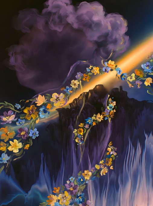 A surreal digital painting featuring a cascade of colorful flowers (yellow, blue, purple, orange) tumbling over a dark cliff edge with a glowing beam of light piercing through purple smoke in the background.