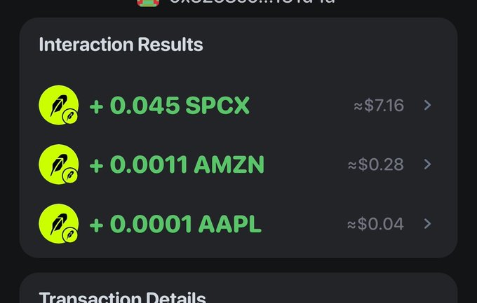 A mobile screen displays financial 'Interaction Results' showing fractional stock shares: '+ 0.045 SPCX' (≈$7.16), '+ 0.0011 AMZN' (≈$0.28), and '+ 0.0001 AAPL' (≈$0.04).