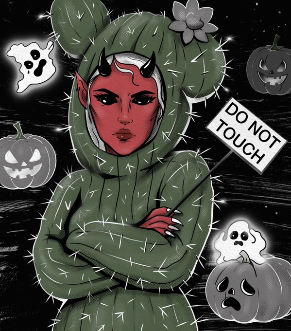 An illustration of a red-skinned demon character in a green cactus costume holding a 'DO NOT TOUCH' sign, surrounded by ghosts and jack-o'-lanterns.
