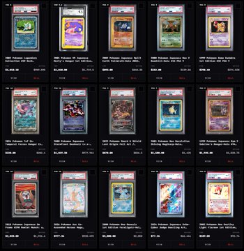 A screenshot displaying a collection of twelve graded Pokémon trading cards in protective PSA slabs, including Charizard, Mewtwo, Blastoise, and Venusaur variants, each listed with prices ranging from approximately $77 to $3,896. The image aligns with the post about using cryptocurrency profits to purchase new cards, showcasing the diverse and valuable additions to the collection.