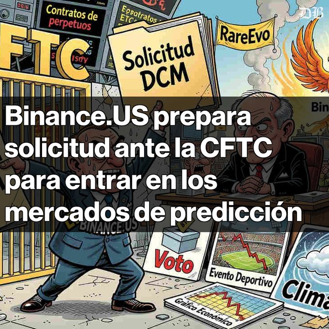 A political cartoon-style illustration depicting a businessman pleading with an official, accompanied by Spanish text stating 'Binance.US prepara solicitud ante la CFTC para entrar en los mercados de predicción', with references to 'Solicitud DCM', 'RareEvo', 'Contratos perpetuos', and imagery labeled 'Voto', 'Evento Deportivo', and 'Clima'.