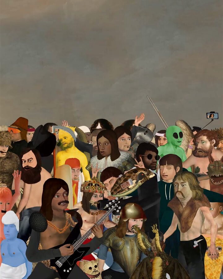 The image features a collage of various people posing for a picture with different poses and expressions. The group includes individuals wearing costumes, some holding musical instruments like guitars or drums. The collage captures the essence of a lively gathering where everyone appears to be enjoying themselves. The post is titled "Hey Algo, ME! Now listed, and trying to get noticed as part of the #fyp collection over on @objktcom".