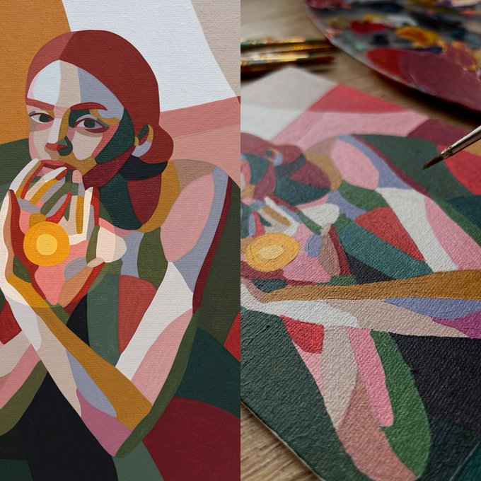 A split image showing a completed cubist-style painting of a woman on the left and the same artwork in progress on the right, with brushes and a palette visible.