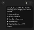 An instruction list titled 'Using PayGen: Buy $180 of each of the following tokens using my USDC on SOL' includes steps for Bean on Siloza, Pepe on Ethereum, Degen on Base, Venice on Base, and Hyperliquid on HyperEVM.