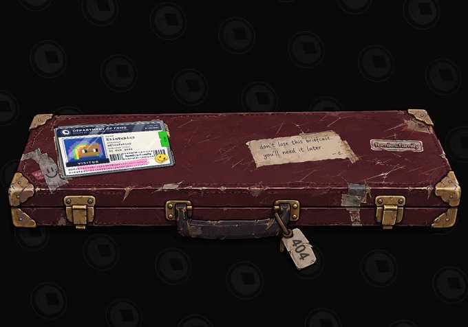 A 3D render of a worn, burgundy 'Counter-Strike' branded briefcase with gold latches, an ID card labeled 'DEPARTMENT OF BORED', a tag reading 'don't lose this briefcase you'll need it later', and a '404' tag hanging from the handle.