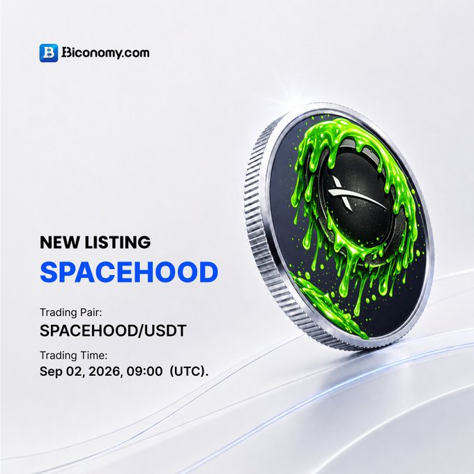 A promotional graphic for Biconomy.com announcing a new listing for 'SPACEHOOD' with the trading pair SPACEHOOD/USDT and a trading time of 'Sep 02, 2026, 09:00 (UTC).'