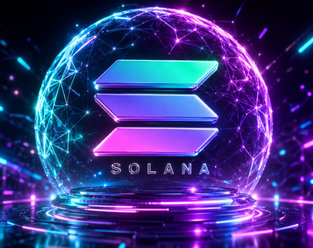 A vibrant neon graphic featuring the Solana logo (three stacked angled bars) inside a glowing purple and blue sphere with the text 'SOLANA' below it.