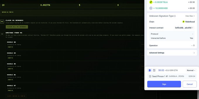 The image shows a MetaMask wallet transaction confirmation screen on the right side, requesting a signature to claim rewards (claiming 5 TSLA tokens worth $50.90 and 10 HOOD tokens worth $50.00) from the "Robinhood" Chain interaction contract, with estimated gas fees of $0.02–0.1099 ETH. In the background, a dark-themed leaderboard or rewards page from Null Brokers is visible, showing a claim claim message urging users to claim rewards before the window closes. This visually supports the post's claim about participating in an airdrop or rewards claim via the Null Brokers platform, highlighting the wallet confirmation step as proof of interaction.
